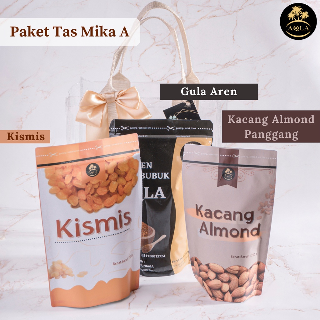 Paket Cemilan Sehat isi 3 Pouch Kismis Kacang Almond Gula Aren Bubuk Chia Seed Garam Himalaya Premium + TAS