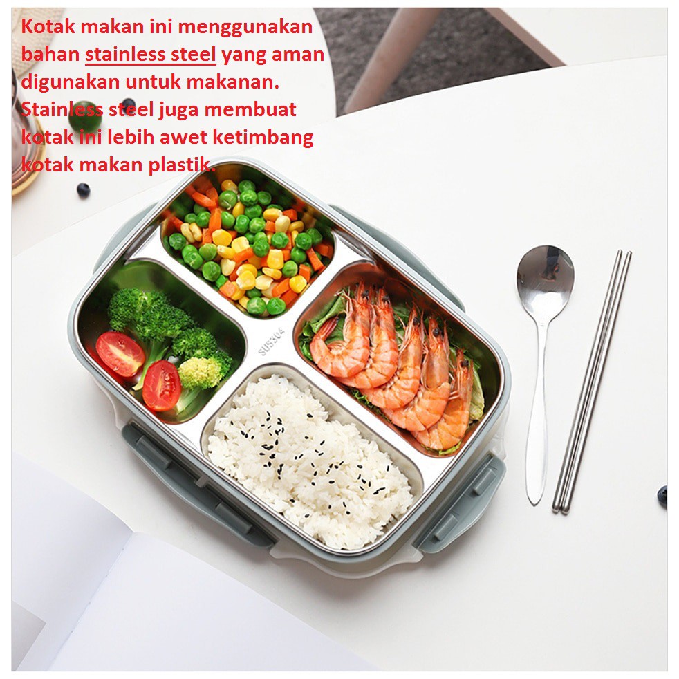 LUNCH BOX Kotak Makan Bento Lunch Box 3 Grid Spoon &amp; Chopstick - OU1000 - STAINLESS