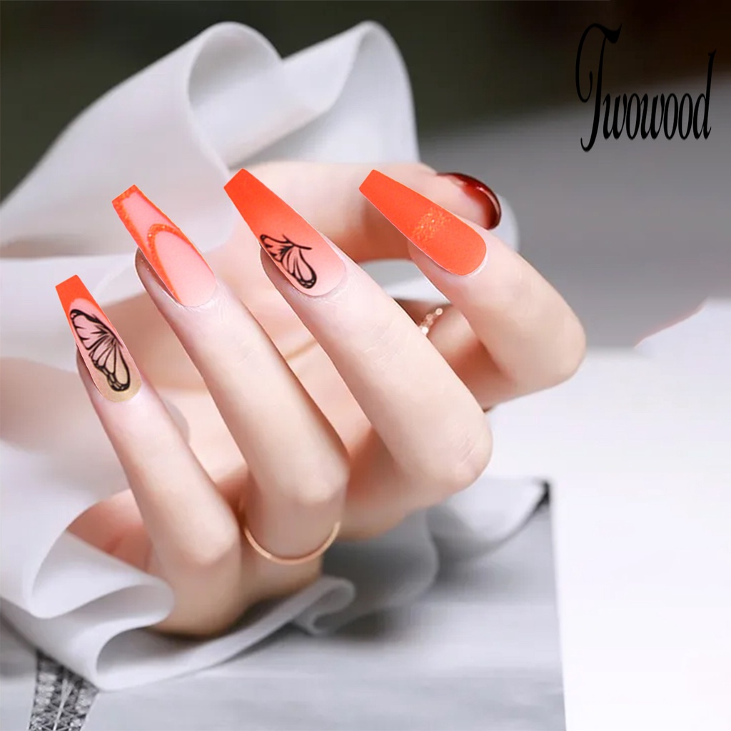 Twowood 24Pcs / Set Kuku Palsu Motif Kupu-Kupu Bahan ABS Tahan Pudar Untuk Nail Art / Manicure