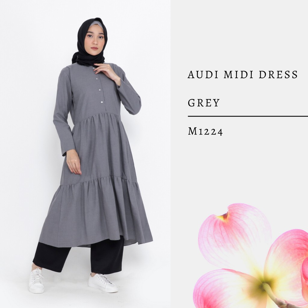 MIDI DRESS POLOS BUKAAN KANCING DEPAN ABU GREY AUDI M1224