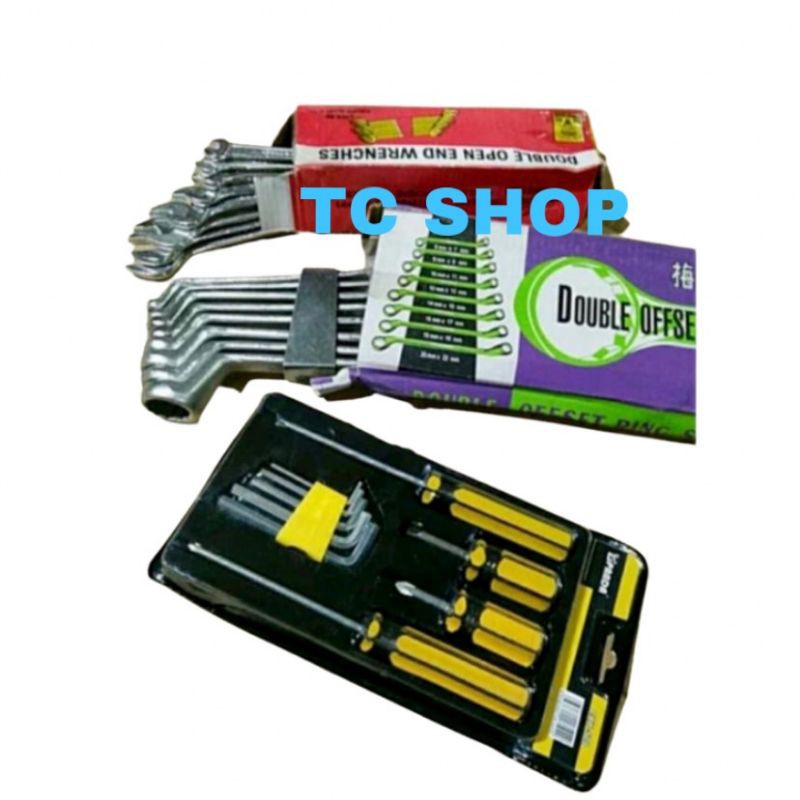 PAKET 3 KUNCI TOOL SET-: Kunci Ring Set + Kunci Pas Set + Obeng Set dan Kunci L set mini