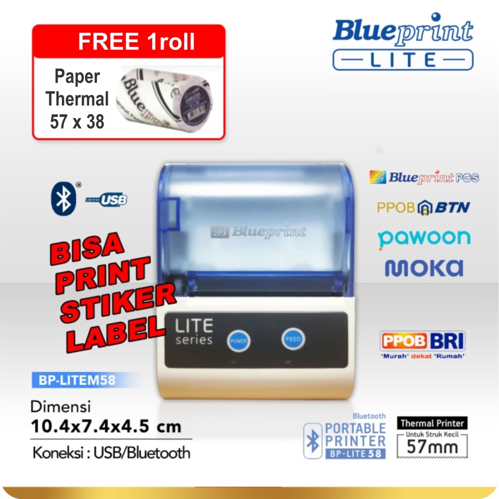 Blueprint Lite 58 Printer Thermal Portable Struk Label Stiker Nota Kecil Bluetooth