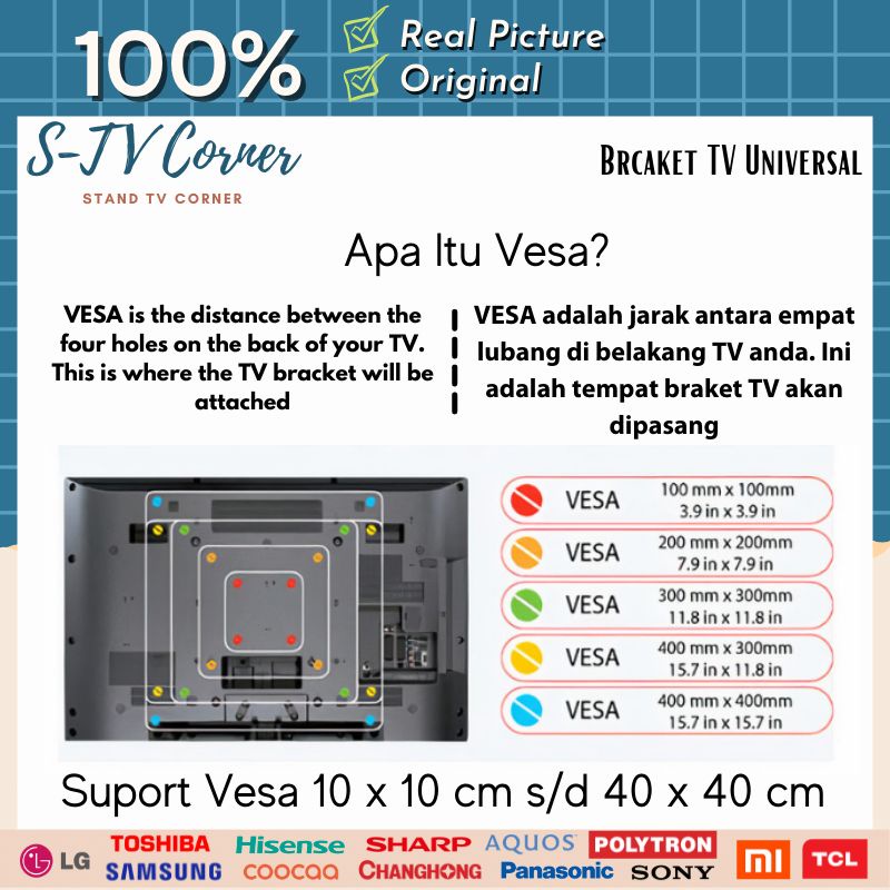 Bracket Tv gantung 32 40 42 43 50 55 60 inch 1Meter Ajustable