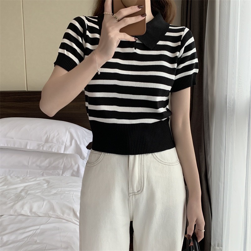 IRENE atasan polo korea rajut garis striped retro casual