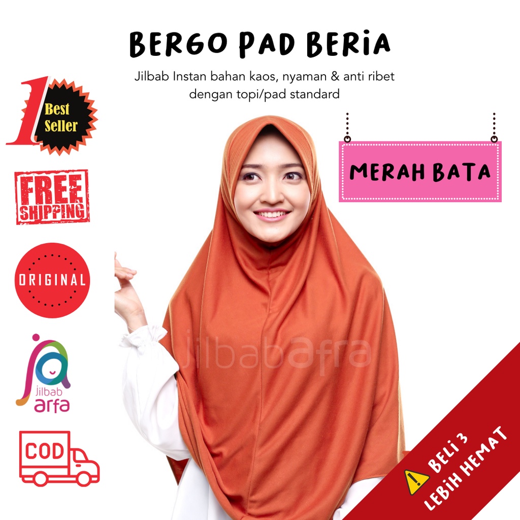 Jilbab Beria Merah Bata  - Bergo Jilbab Afra - Hijab Instan Bahan Kaos,Jilbab sekola,Adem,Lembut