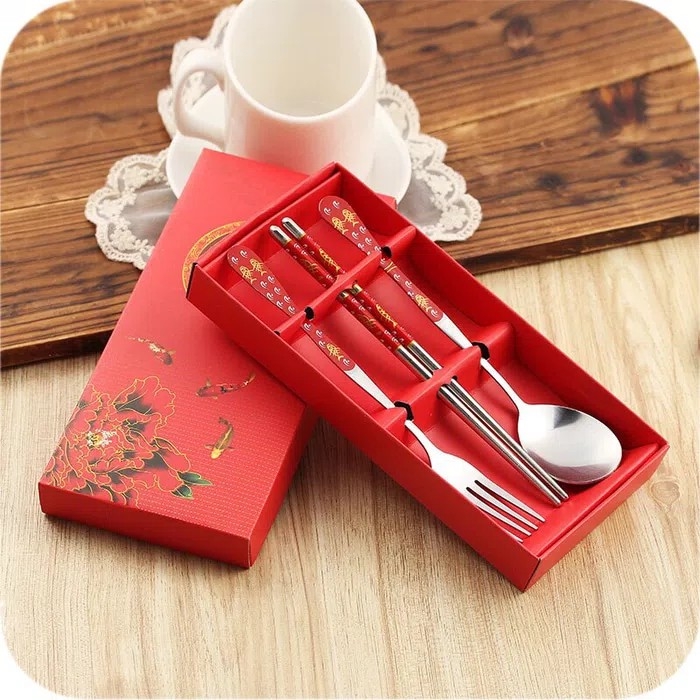 Souvenir sovenir sofenir Sendok Garpu Sumpit Set 3in1 Stainless Box Souvenir Pernikahan Wedding