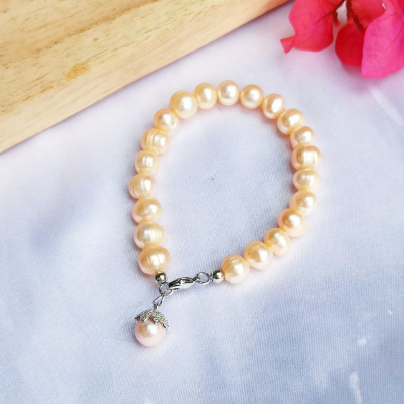 Gelang mutiara air tawar lombok asli rangka silver
