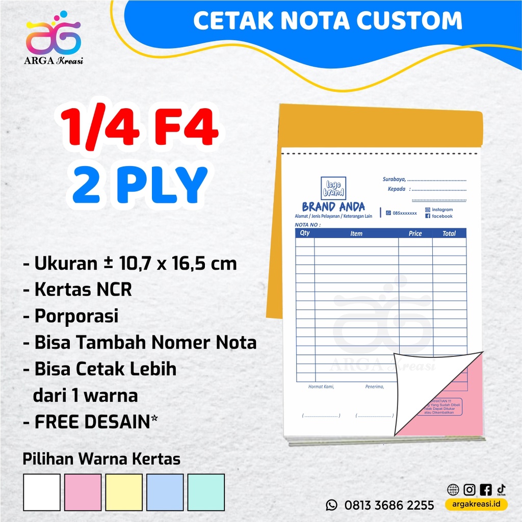 Jual Cetak Nota Custom 2 Ply 14 F4 A6 Kertas Ncr Kwitansi Custom Rangkap 2 Bon Kontan Olshop 1776