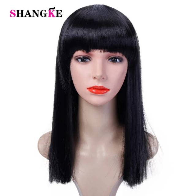 Wig sintetis lurus hitam sebahu wanita