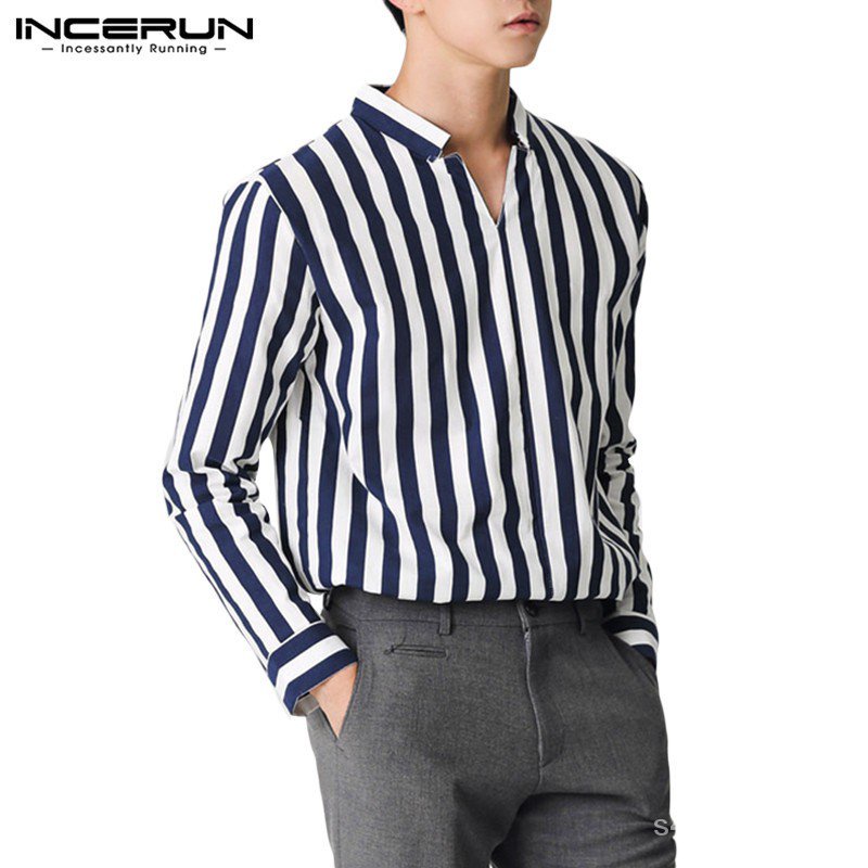 INCERUN Men Striped Long Sleeve V-Neck Shirt