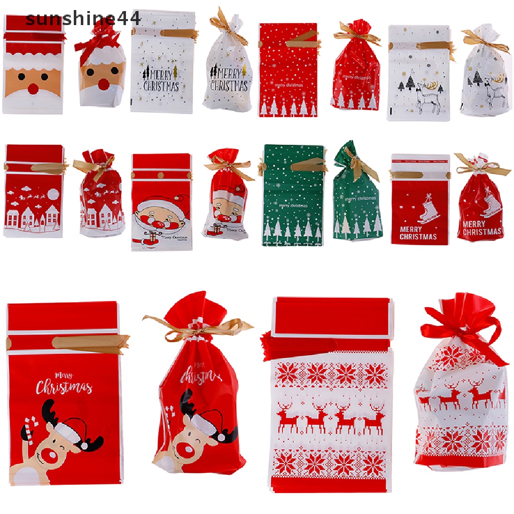 Sunshine 10pcs Kantong Plastik Permen / Biskuit Motif Rusa Natal Untuk Hadiah 10pcs Kantong Permen / Biskuit Motif Rusa Natal Warna Merah Untuk Hadiah