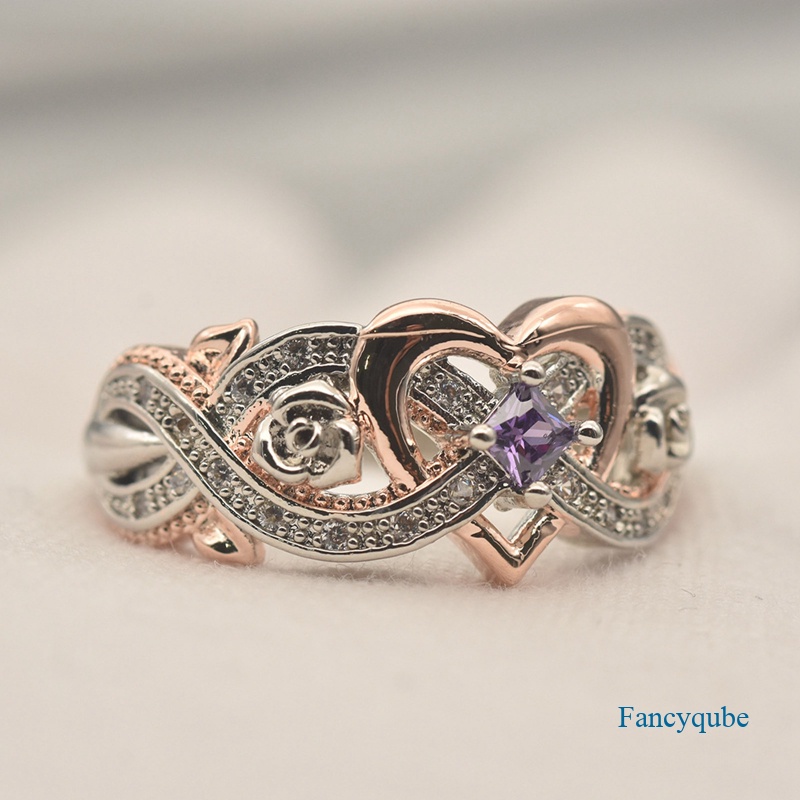 Fancyqube Cincin 925 Sterling Silver Rose Gold Bentuk Hati Hias Batu Permata Amethyst Zircon Gaya Eropa Amerika