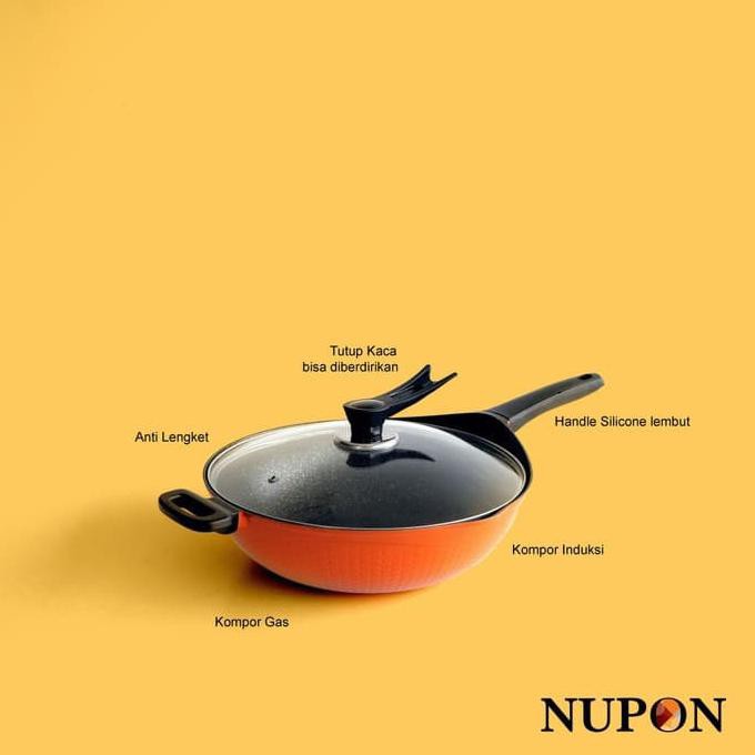 Panci Wok Pan NUPON Anti Lengket 36cm dan tutup kaca KOMPOR INDUKSI - Orange