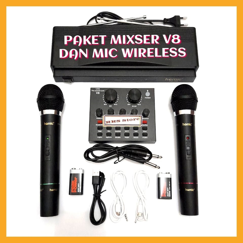 RRS STORE PAKET ALAT KAROKE RECODING MURAH SONKAT SOUNCAD MIXSER Bluetooth USB External Soundcard Live Mic Headset - V8 DAN MIC WIRELES TANPA KABEL Audio untuk HP PC Mac Live Broadcast Karaoke Smule WeSing MIC Wireless Homic Hm-306