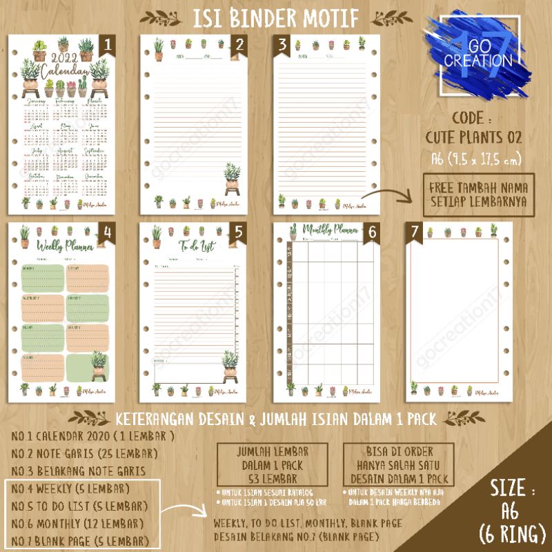 

Buku Planner isi Kertas Binder Motif Cute Plants 02 Premium A6 ring 6