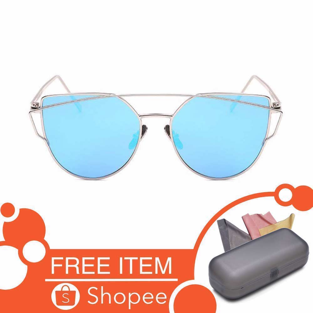 Anti UV Eye Cat Sunglasses [ Biru Muda Silver ] Pria dan Wanita [Desaign Korea] NY Free Kotak