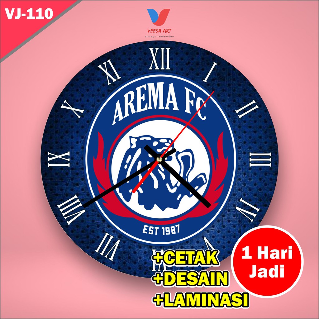 Jam Dinding motif club sepak bola Arema F.C. Malang decor kamar tidur cowok kayu minimalis biru mura