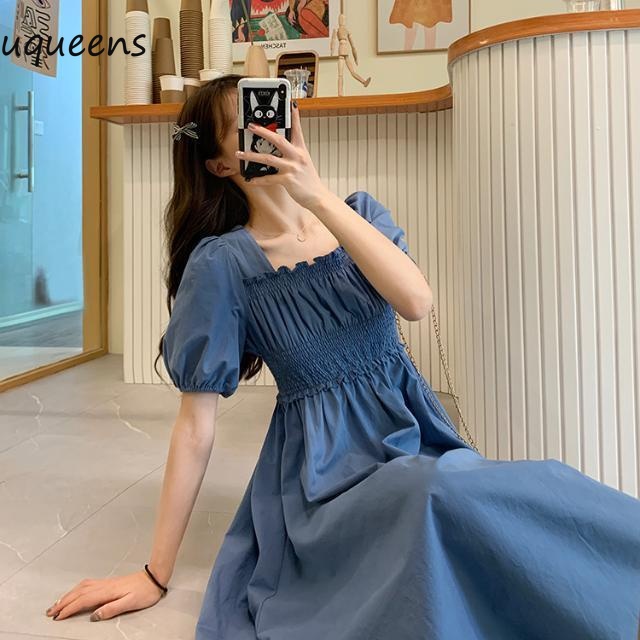 Gaun lengan pendek leher persegi gelembung panjang retro baru biru dan hitam