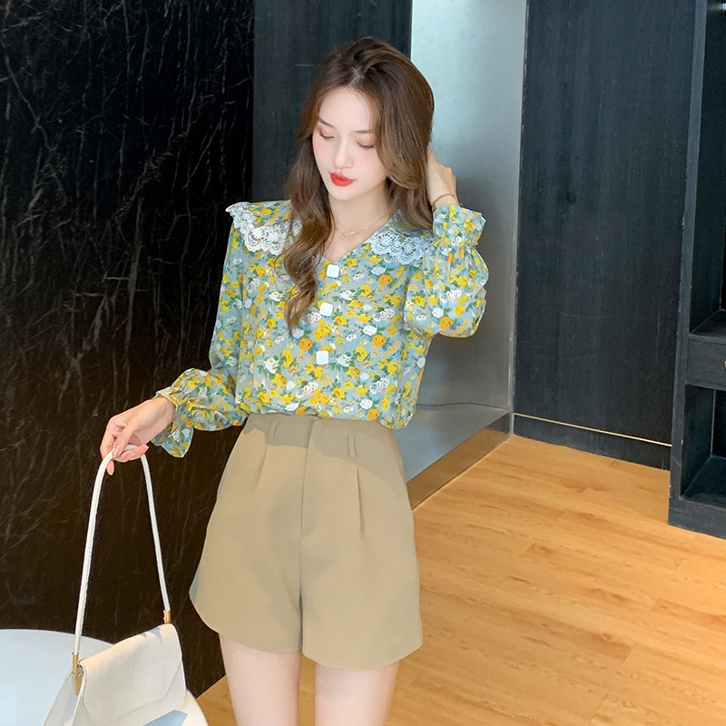 Fashion Korean Chiffon Floral Long Sleeve Shirts Orange Green Women Blouse Tops Pakaian Serban