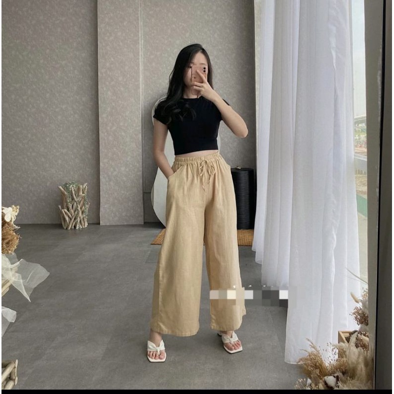 Celana Wanita Kekinian WIDI PANTS Kulot Jumbo Panjang Bahan Linen Rami Premium Import Fashion Bawahan Dewasa Ootd Pinggang Full Karet Serut Highwaist Cewek Remaja Model Ala Korea Gaya Modern Murah Dan Terbaru Hitam-2