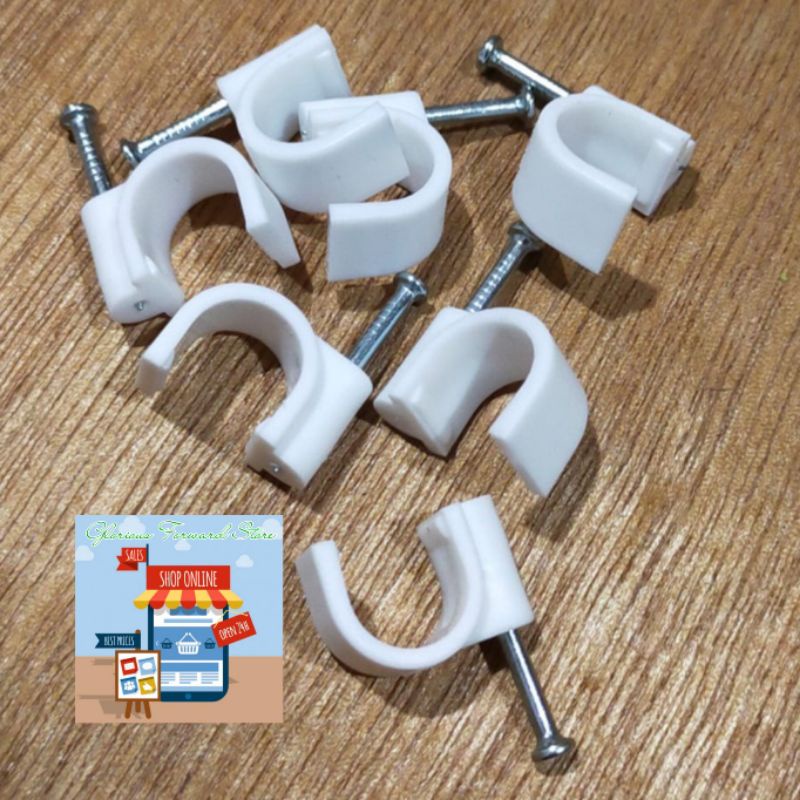 KLEM KABEL LISTRIK PLASTIK PUTIH PVC PAKU BETON DINDING ISI 50 PCS
