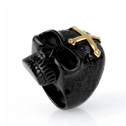 SEUSUK  Cincin Motif Tengkorak Gaya Gothic Punk Warna Hitam / Gold untuk Pria