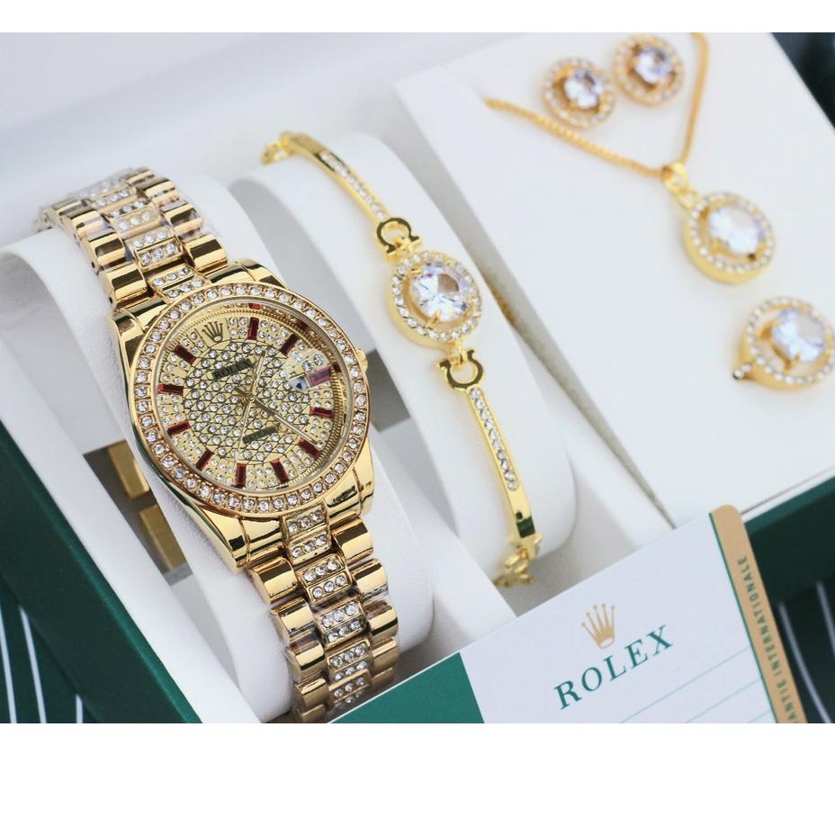 ID4a4Zo--PROMO✅ JAM TANGAN RL0X WANITA GIFT SET KALUNG ANTING CINCIN DAN GELANG JAM TANGAN SET ROLEX