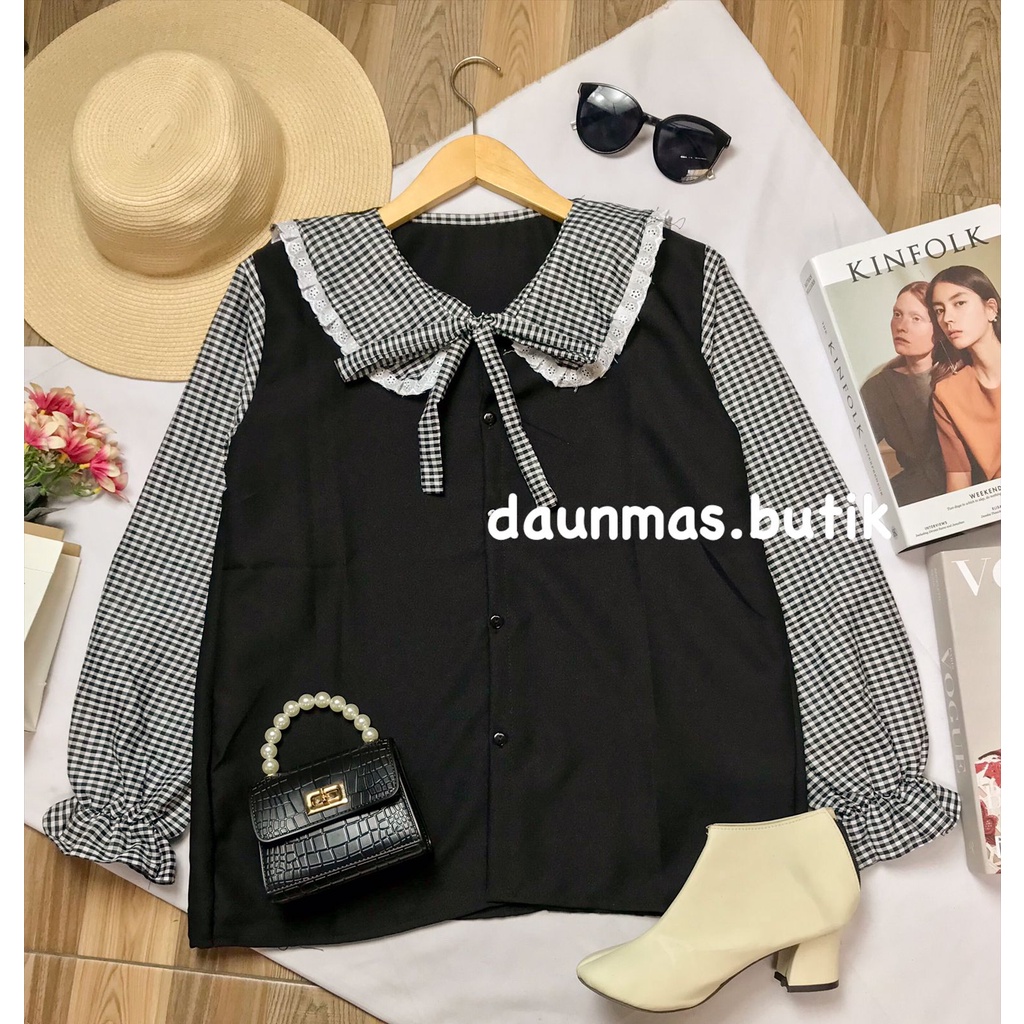 1KG MUAT 5PCS | MADANIA BLOUSE RENDA TARTAN ZARIFA BLACK GINGHAM HITS KOREAN STYLE OOTD SELEBGRAM FASHION GROSIR MURAH WANITA