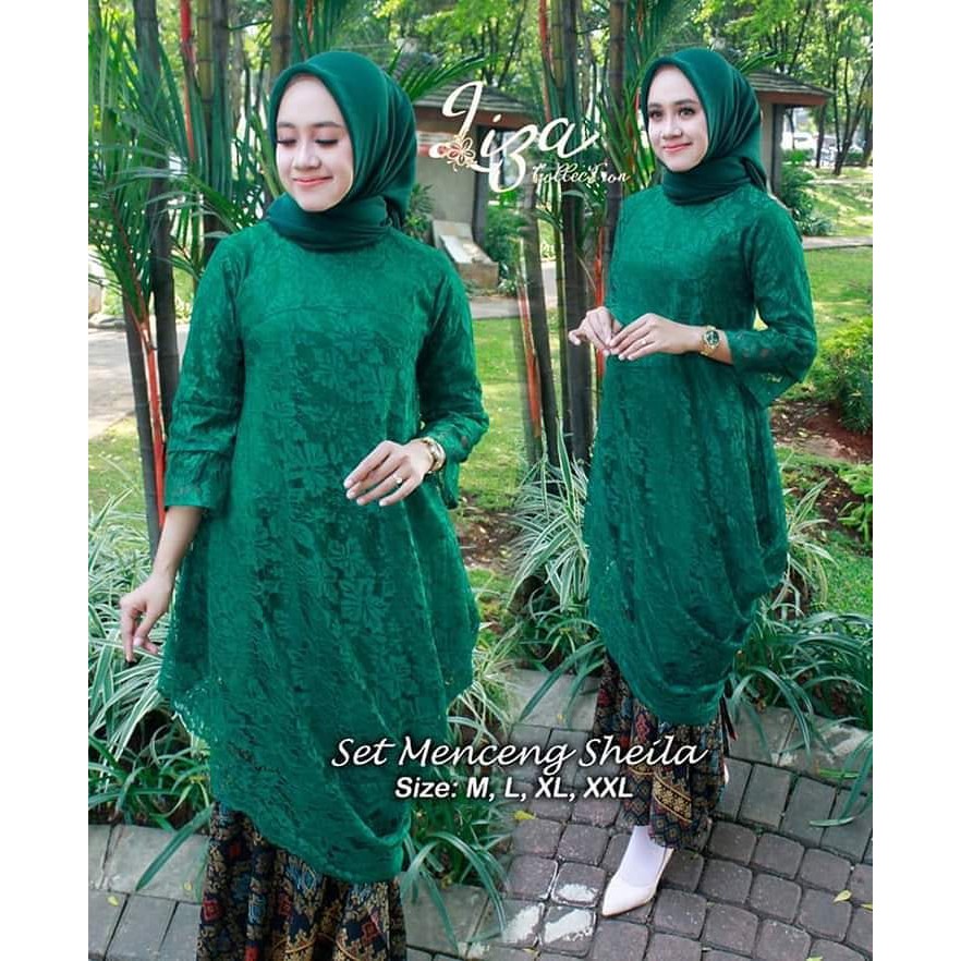 Setelan Kebaya Tunik Miring Sheila Warna Hijau Botol Mix Duyung / Kebaya Modern