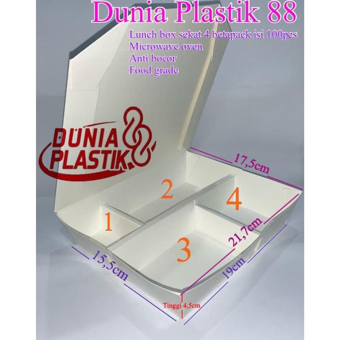 100PC LUNCH BOX SEKAT 4 PARTISI KOTAK BENTO KERTAS SEKAT PUTIH POLOS SEKAT4 BETAPACK