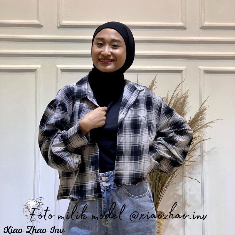 Kemeja wanita casual lengan balon /oversize shirt Tartan crop/kemeja crop kotak oversize-1