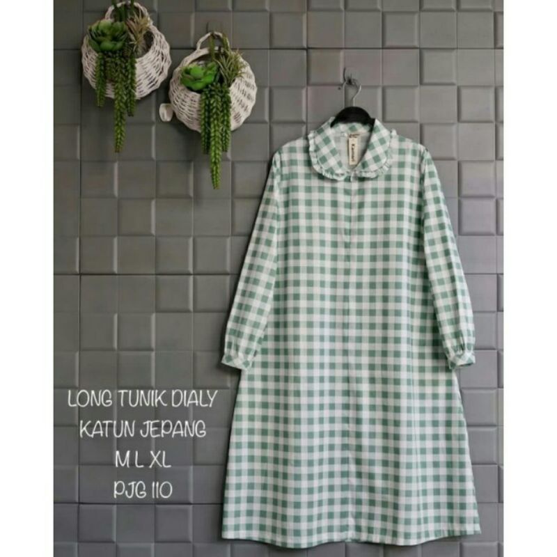 Tunik daily ori by kamari hijau mint tunic wanita bahan katun jepang size m ld100 motif kotak kotak