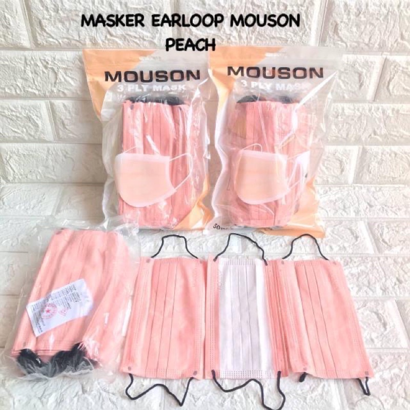 MASKER EARLOOP 3PLY MOUSON CAREION ADA EMBOS HITAM PUTIH PEACH TERMURAH 1BOX ISI 50PCS