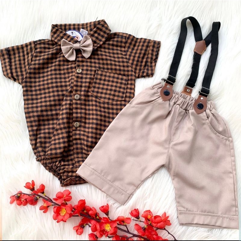 Baju setelan jumper celana suspender motif kotak pergi jalan fashion anak bayi cowok laki murah -tar