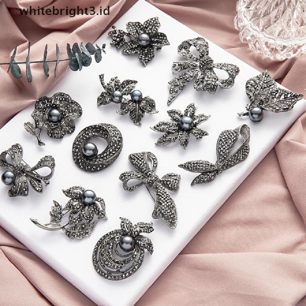 {whitebright3.id} Retro Black Crystal Pearl Flower Bow Shape Brooch Scarf Pin Jewelry Accessories ,