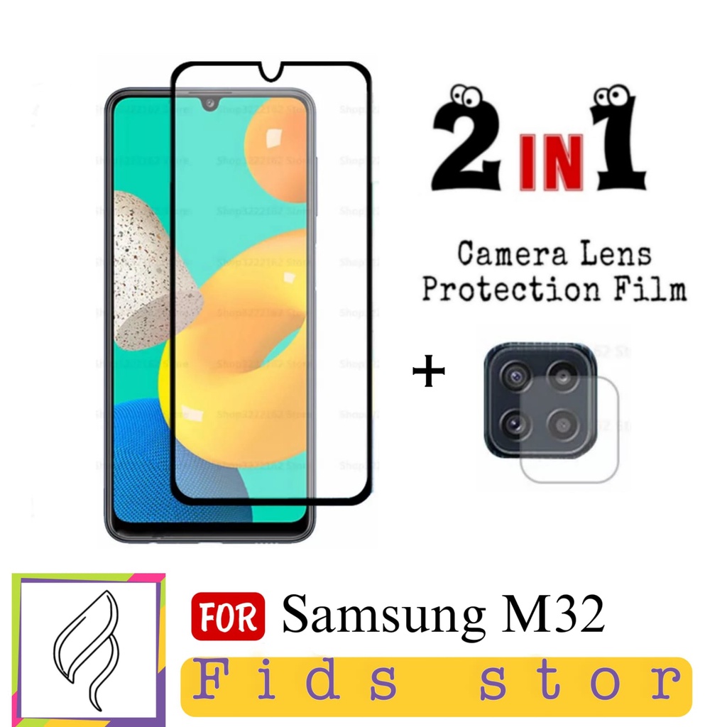 PROMO 2in1 Tempered Glass SAMSUNG M32 Full Layar Cover Black Premium Free Tempered Glass Lens Camera