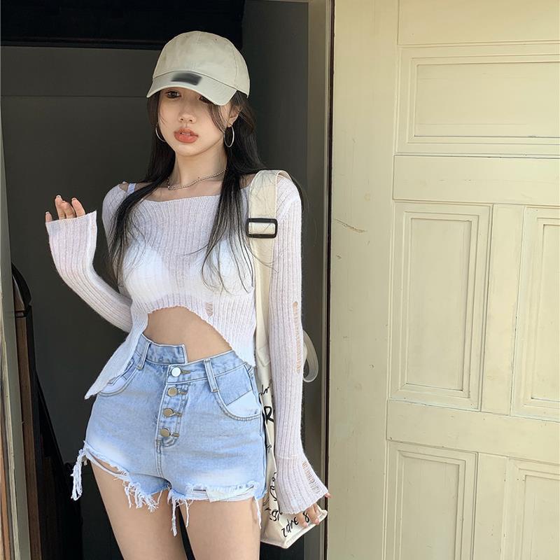 Suhao Tidak Teratur High Waist Breasted Merobek Burr Celana Pendek Denim Wanita Musim Panas Baru Ret