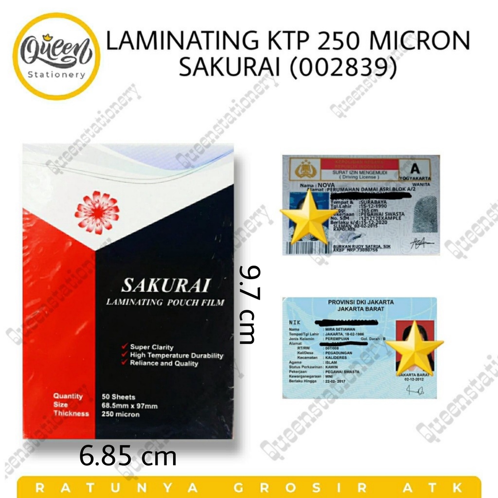 

1 PAK LAMINATING KTP 250 MICRON SAKURAI (002839) / LAMINATING KARTU / PLASTIK KTP / PELINDUNG KTP
