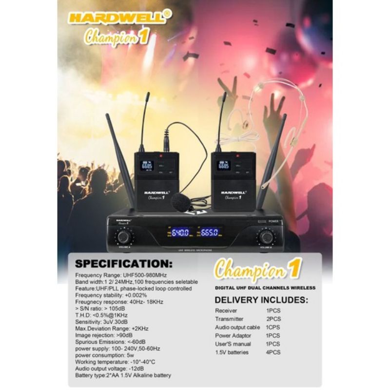 Microphone wireless Hardwell champion 1mic wireless UHF.vocal jernih cocok buat karaoke.pidato.imam all.