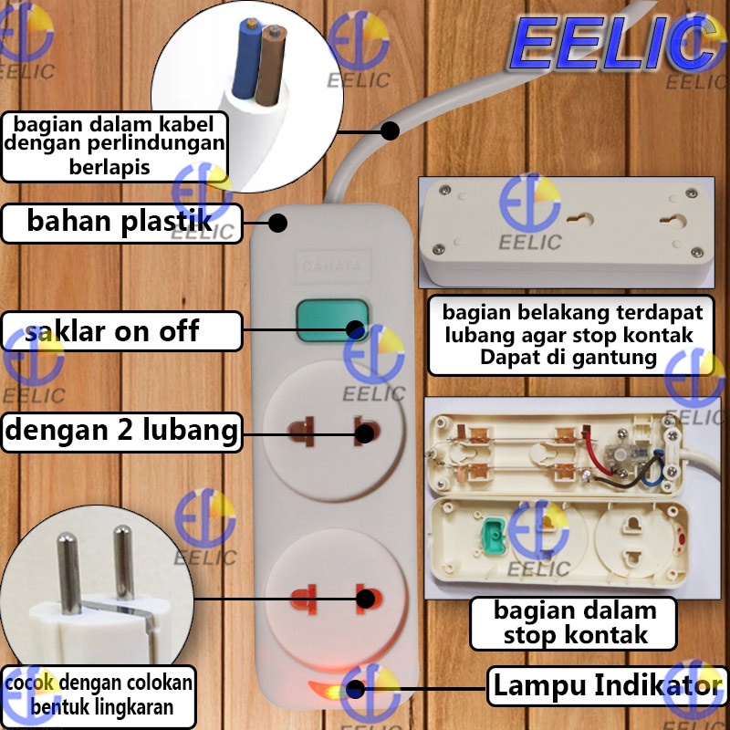 EELIC STK-SC752-3M Stop Kontak 2 Lubang dengan tombol on off dan di lengkapi lampu indikator