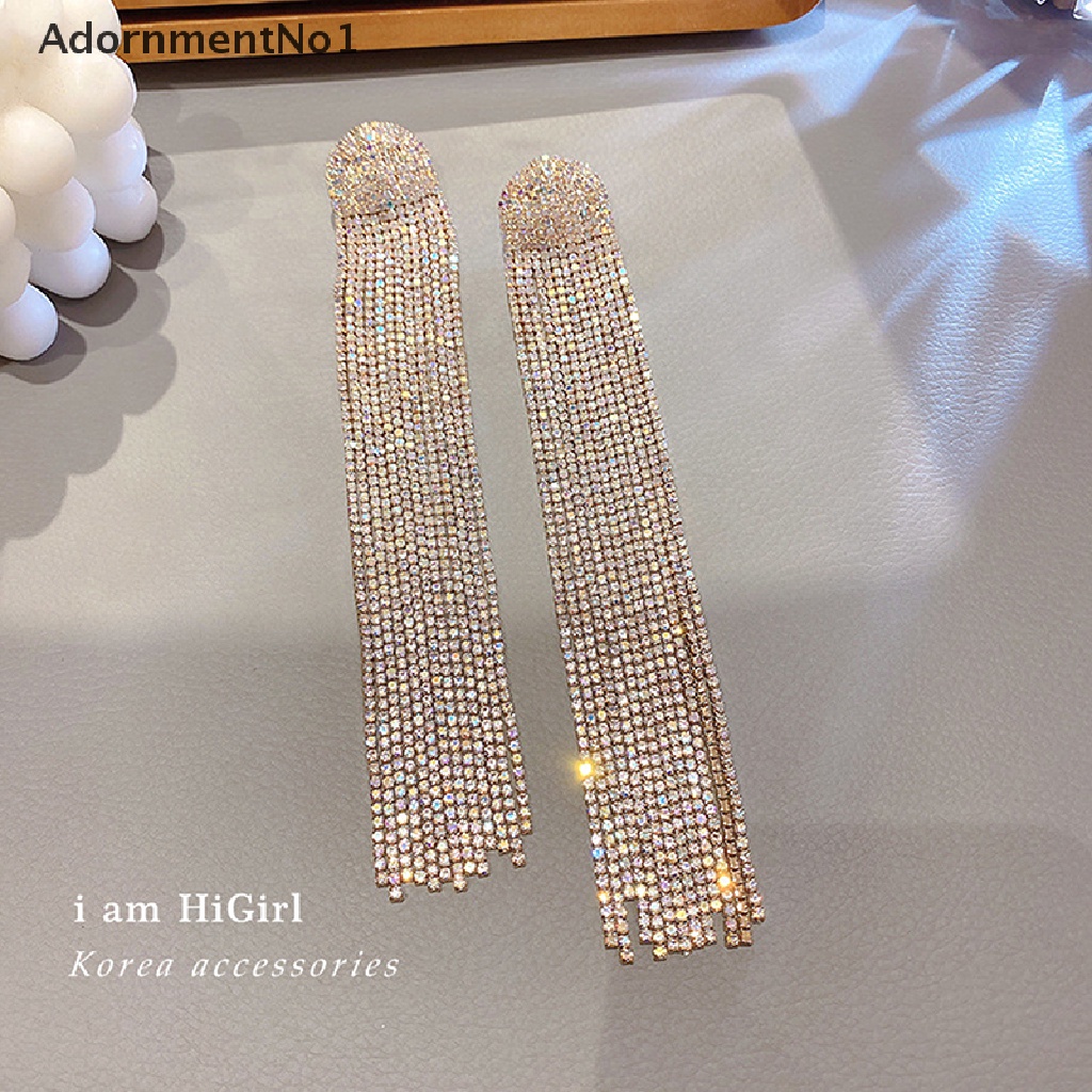 (AdornmentNo1) Anting Gantung Panjang Tusuk Motif Geometri Aksen Rumbai + Kristal + Berlian Imitasi Untuk Wanita