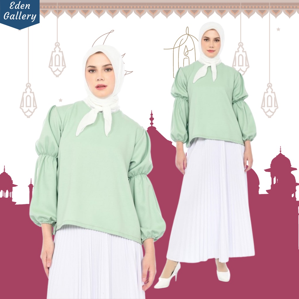 Blouse Atasan Lengan Panjang Wanita Terbaru Elegan Bahan Premium Warna Sage Green Puffy tops