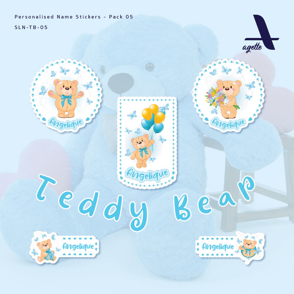 

65 PCS - Stiker Label Nama Teddy Bear Biru - 05 - Laminasi Waterproof