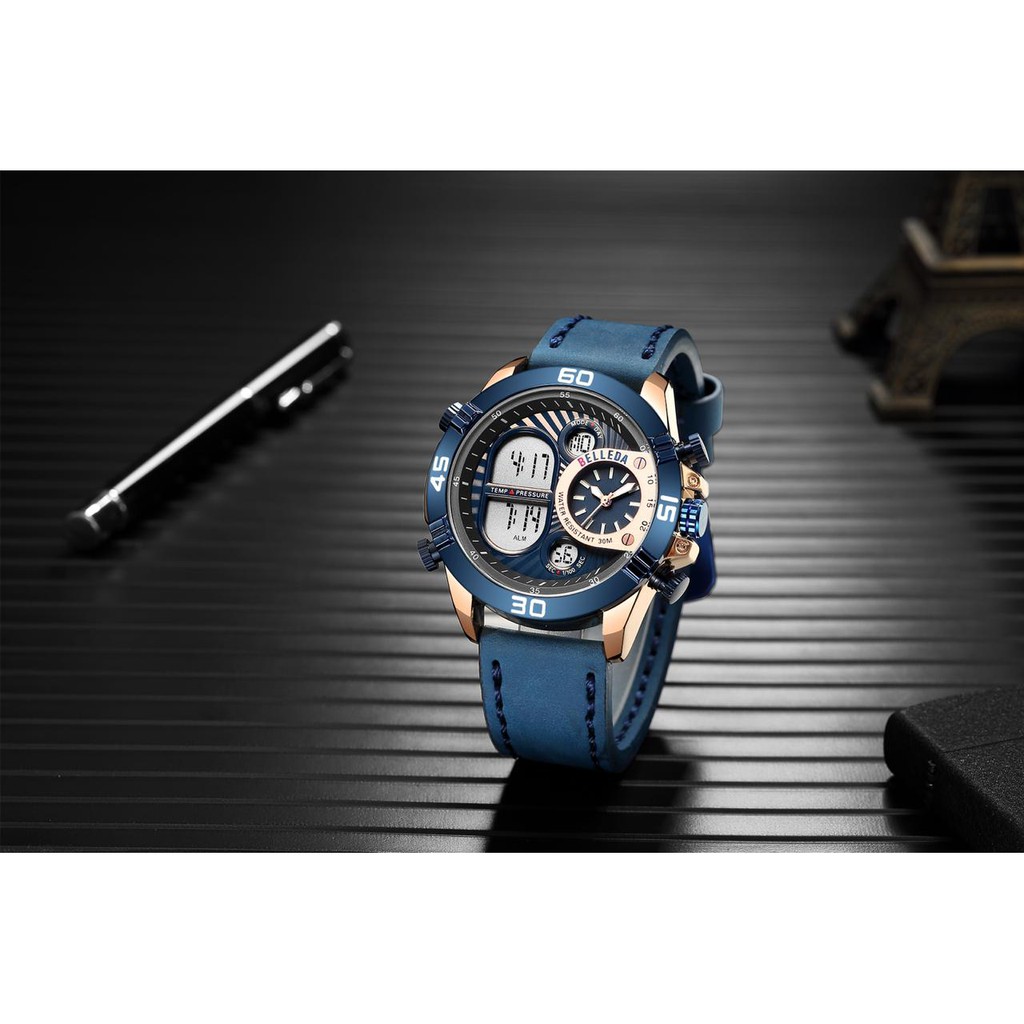 Jam tangan pria elegan original BELLEDA B9271 DT kulit double time