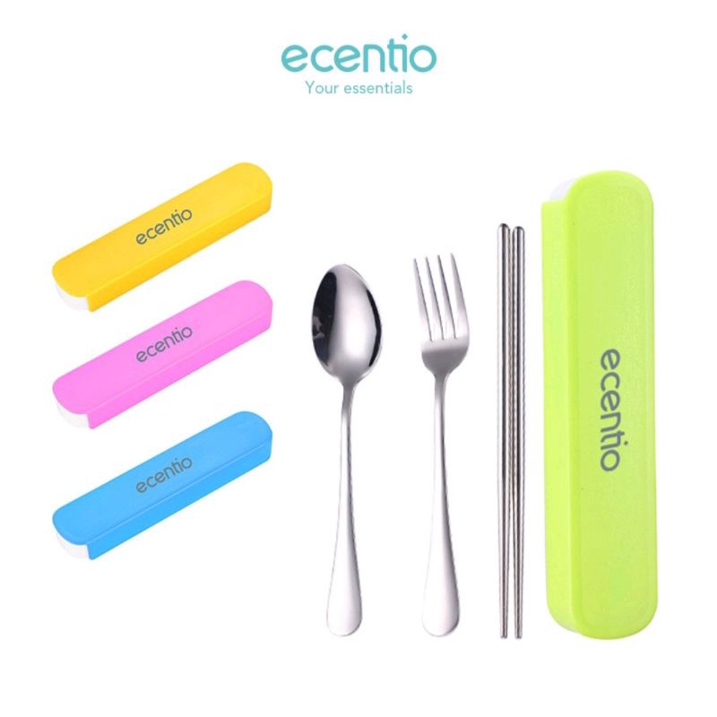 Ecentio Stainless Steel Set 3Pcs Alat Makan Sendok Garpu Sumpit / Spoon Fork Chopsticks alat makan set lengkap dengan wadah penyimpanan