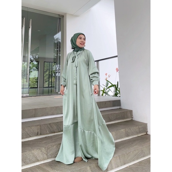 dress gamis mewah athena silk hijau sage