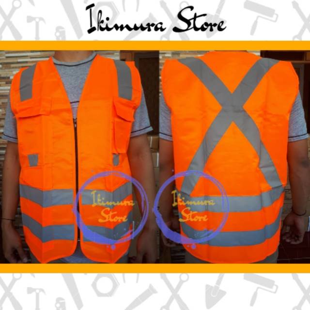 Baju Rompi Orange / Hijau Safety Polyester Resleting + 4 Kantong