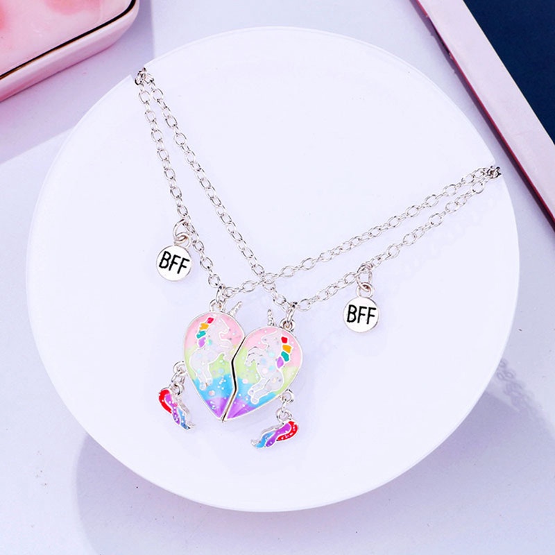 2pcs / Set Kalung Rantai Magnet Dengan Liontin Unicorn Warna-Warni Untuk Sahabat