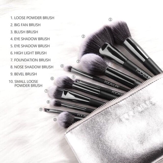 Focallure 10 Pcs Eyeshadow Blending Makeup Brush / Kuas Set + Pouch