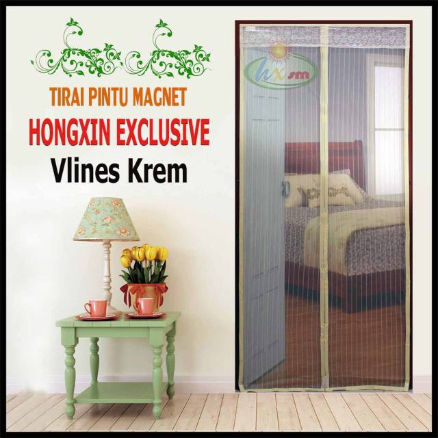 Tirai Pintu Magnet Hong Xin - Motif Vlines Krem